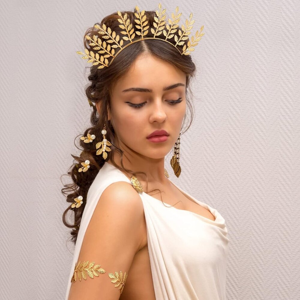 15 Pieces Greek Goddess Costume Accessories Women Toga Golden Leaves Bridal Crow - Picture 4 of 7